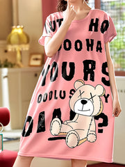 Bear & Letter Print Pajama Dress Crew Neck Long Nightdress