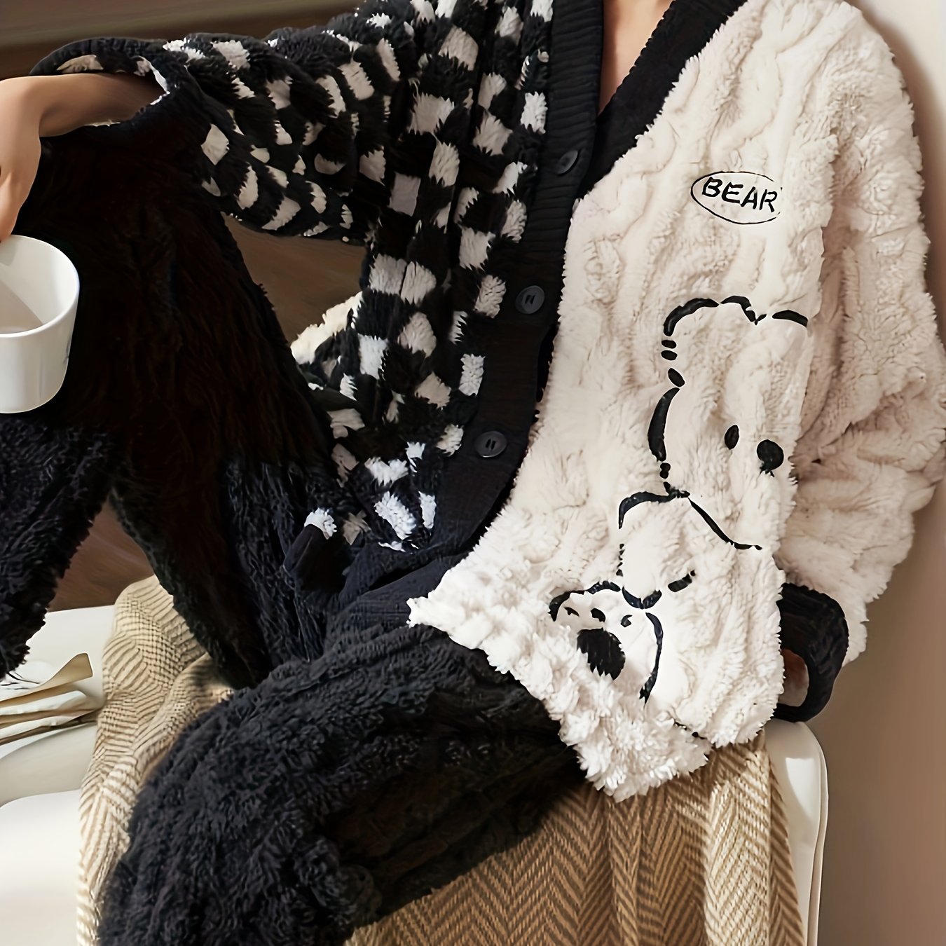Cartoon Bear Pajama Set Long Sleeve Fuzzy Top & Pants