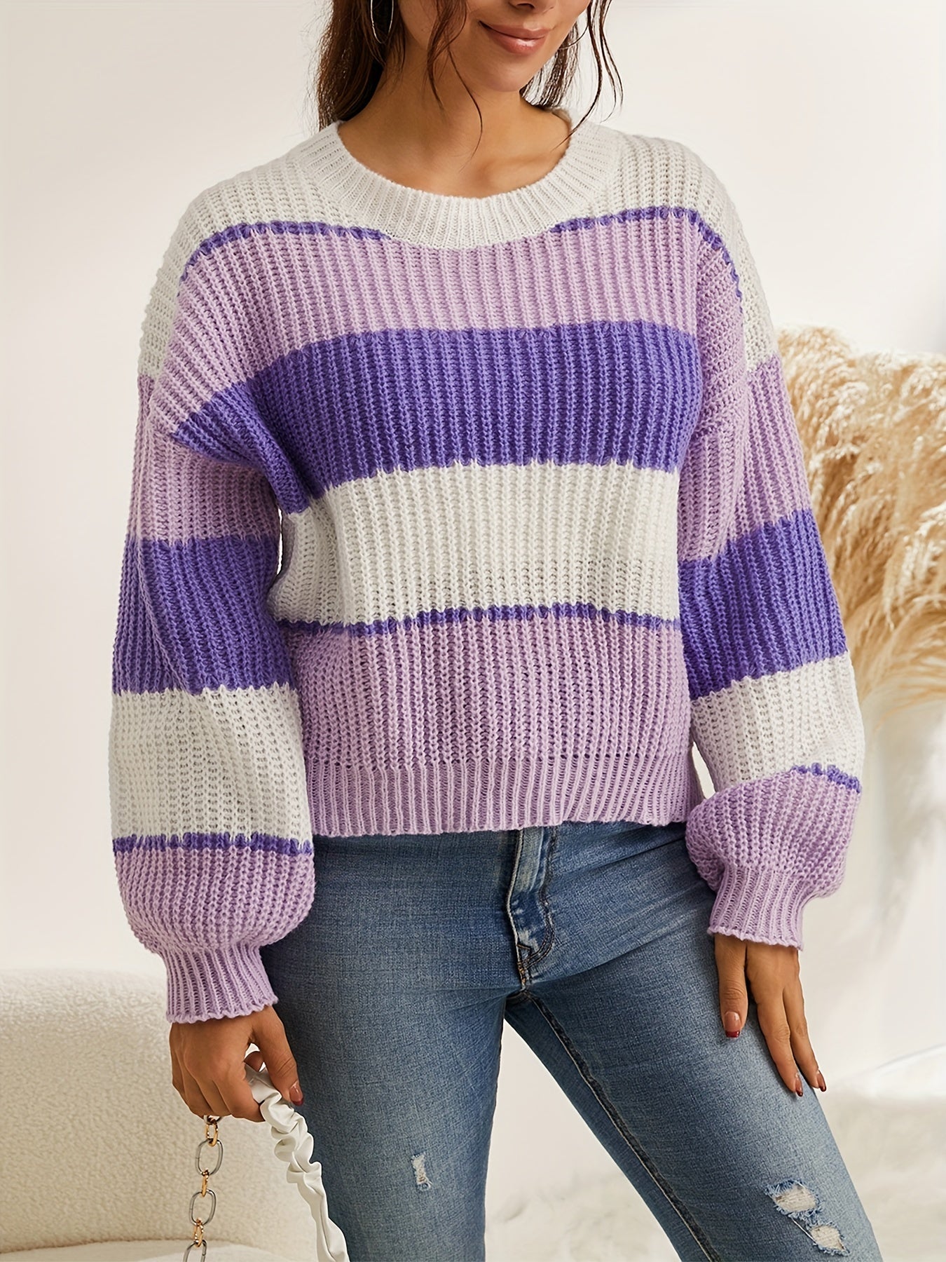 Striped Print Knit Sweater Casual Crew Neck Long Sleeve Pullover