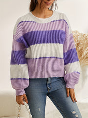 Striped Print Knit Sweater Casual Crew Neck Long Sleeve Pullover