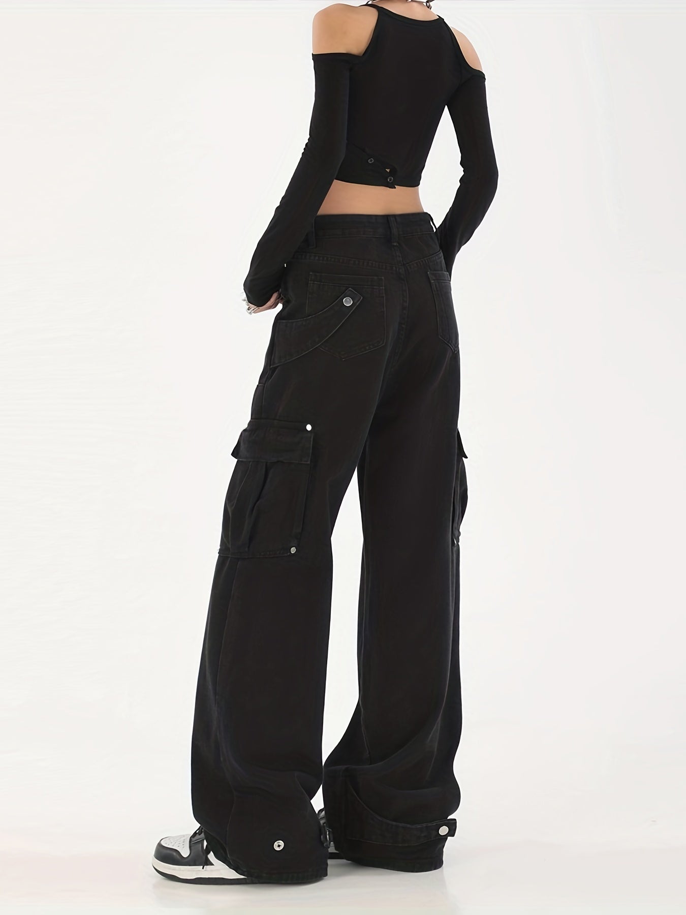 Flap Pockets Cargo Pants Loose Fit Non Stretch Straight Jeans