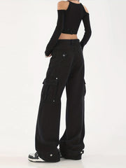 Flap Pockets Cargo Pants Loose Fit Non Stretch Straight Jeans