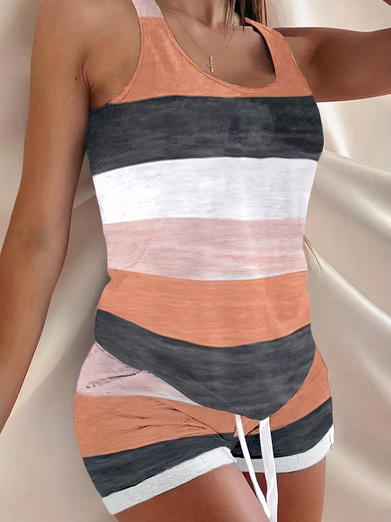 Striped 2pc Set Tank Top & Elastic Waist Shorts Outfit Women's Clothing