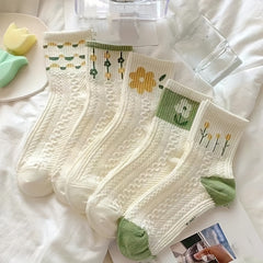 5 Pairs Autumn Winter Flower Pattern Socks