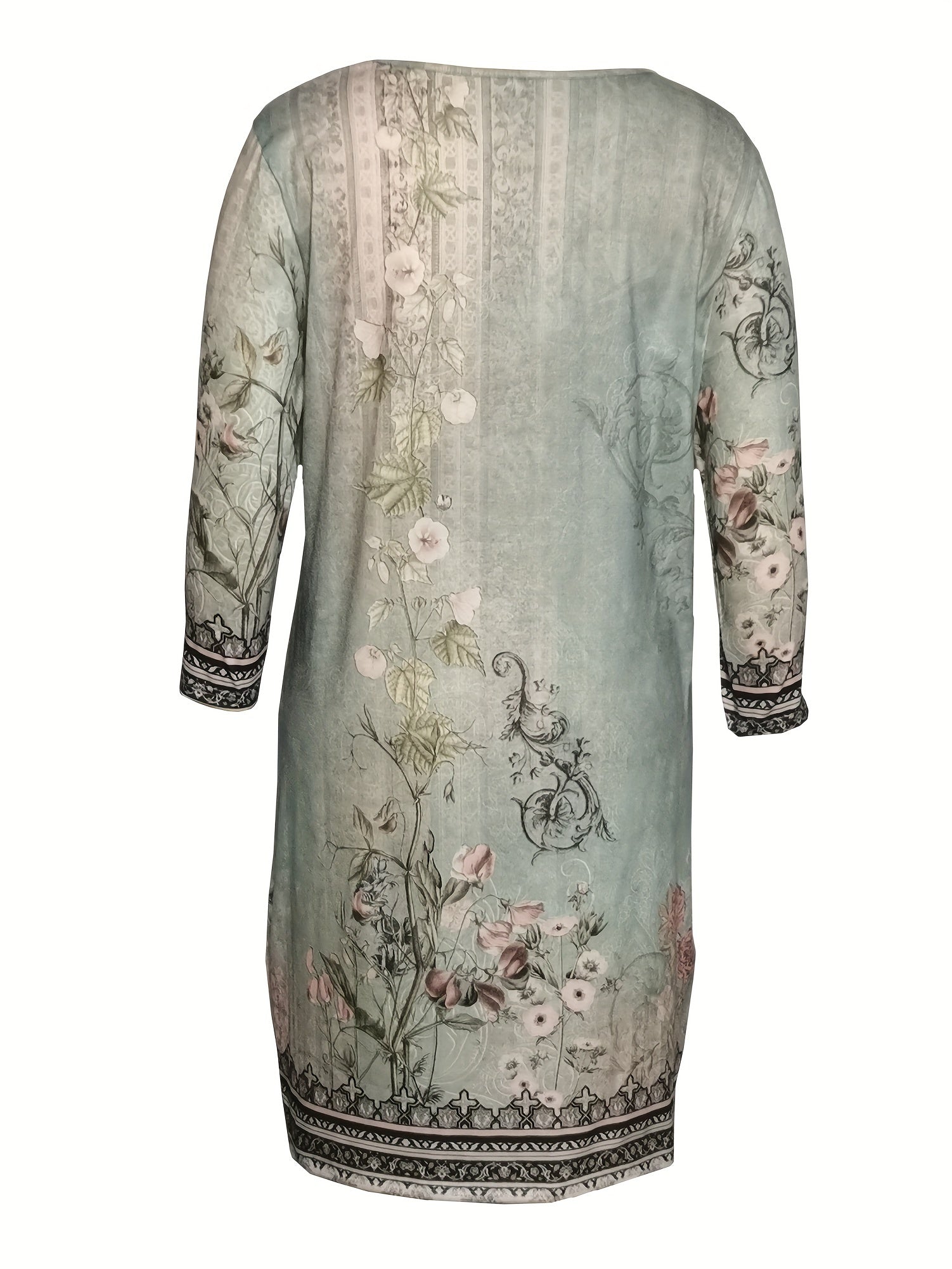 Retro Dress Women's Plus Floral Long Sleeve V Neck Dress