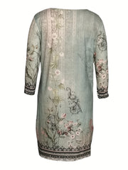 Retro Dress Women's Plus Floral Long Sleeve V Neck Dress