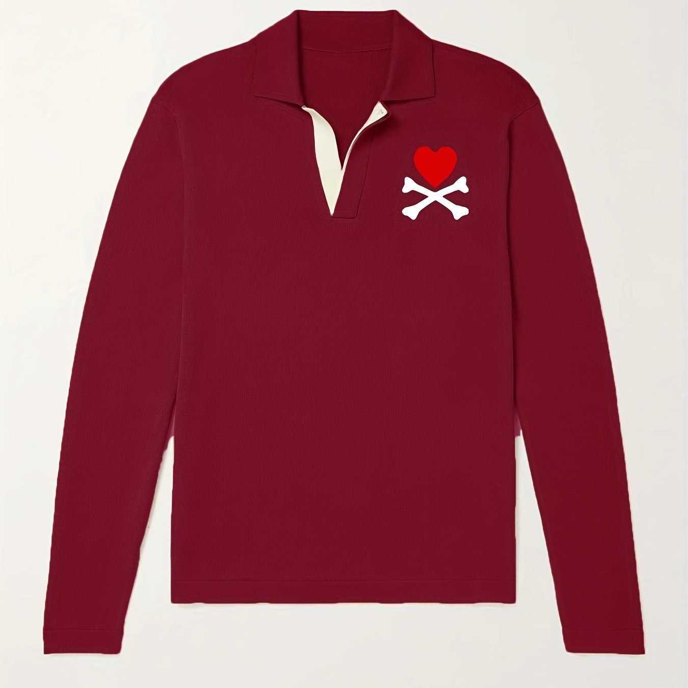 Heart Pattern Knit Polo Shirt Men's Casual Lapel Stretch V Neck Pullover