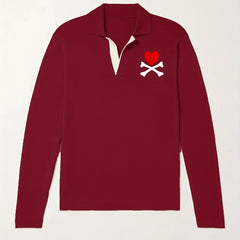 Heart Pattern Knit Polo Shirt Men's Casual Lapel Stretch V Neck Pullover