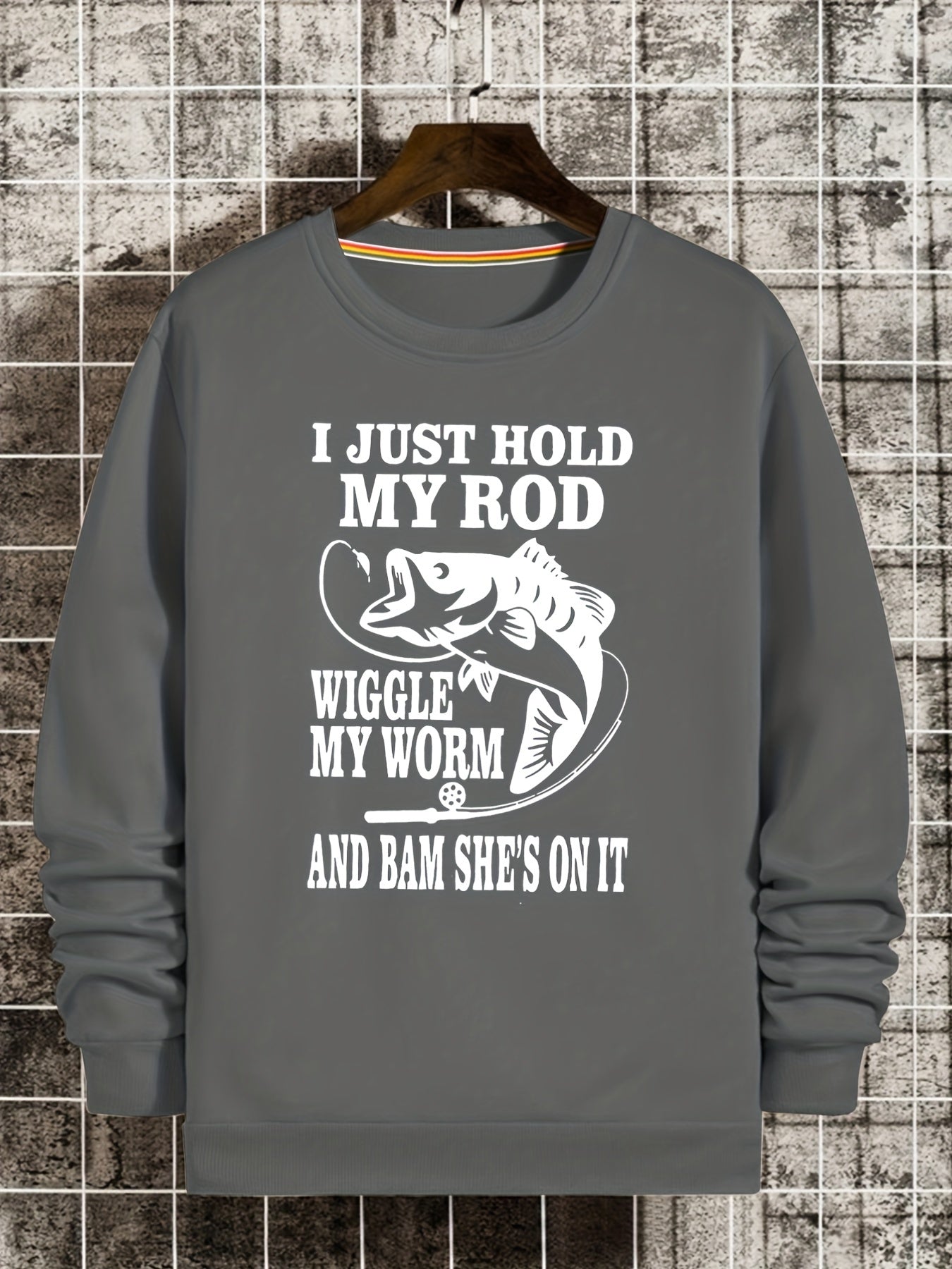 Funny Fishing Slogan Print Sweatshirt Men's Casual Crew Neck Pullover