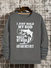 Funny Fishing Slogan Print Sweatshirt Men's Casual Crew Neck Pullover