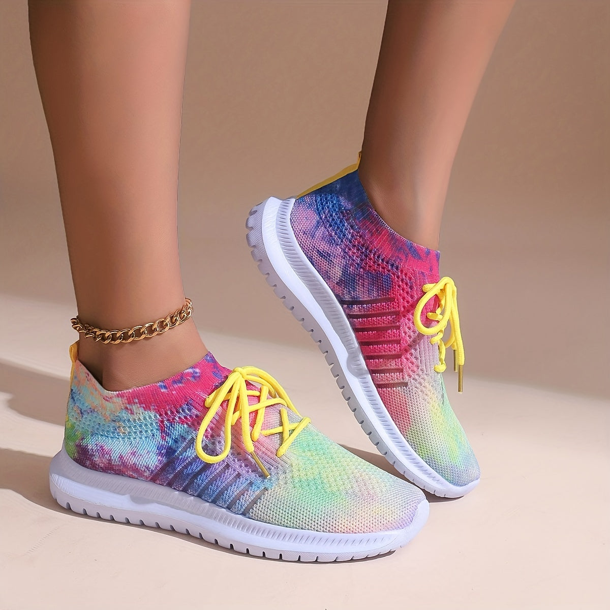 Tie Dye Mesh Breathable Woven Shoes Soft Thick Bottom Sneakers