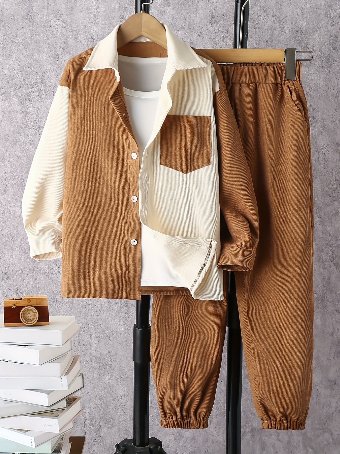 Boy's Corduroy Shirt & Sweatpants Set Long Sleeve Top Outfits