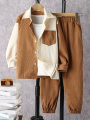 Boy's Corduroy Shirt & Sweatpants Set Long Sleeve Top Outfits