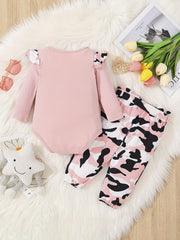 Baby Girls Casual Romper with Sorry DADDY Print & Camouflage Pants Set