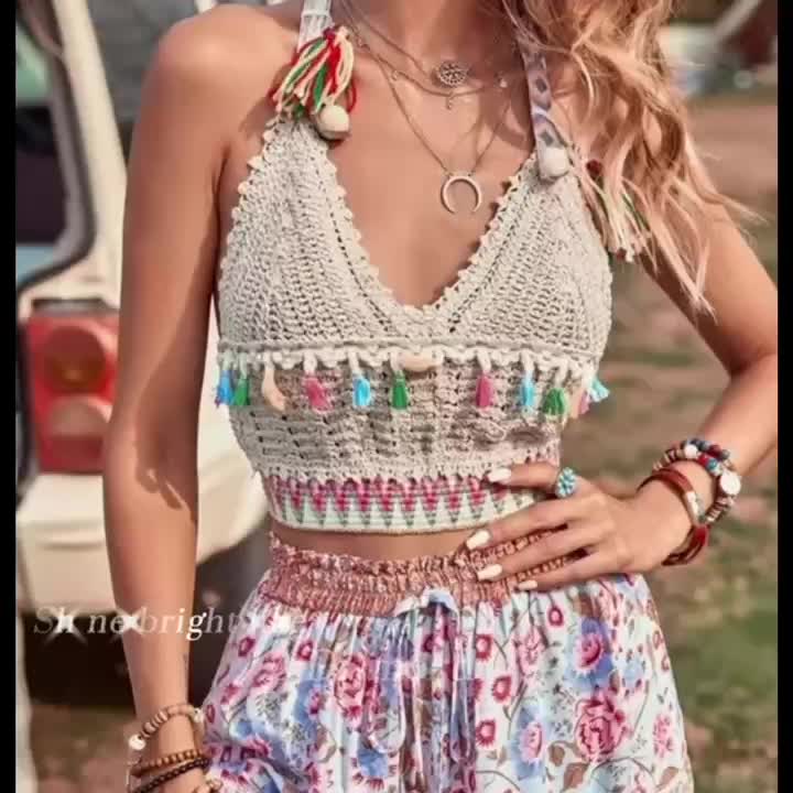 Crochet Tassel Crop Cami Top Boho Beach Backless V Neck Cami