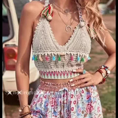 Crochet Tassel Crop Cami Top Boho Beach Backless V Neck Cami