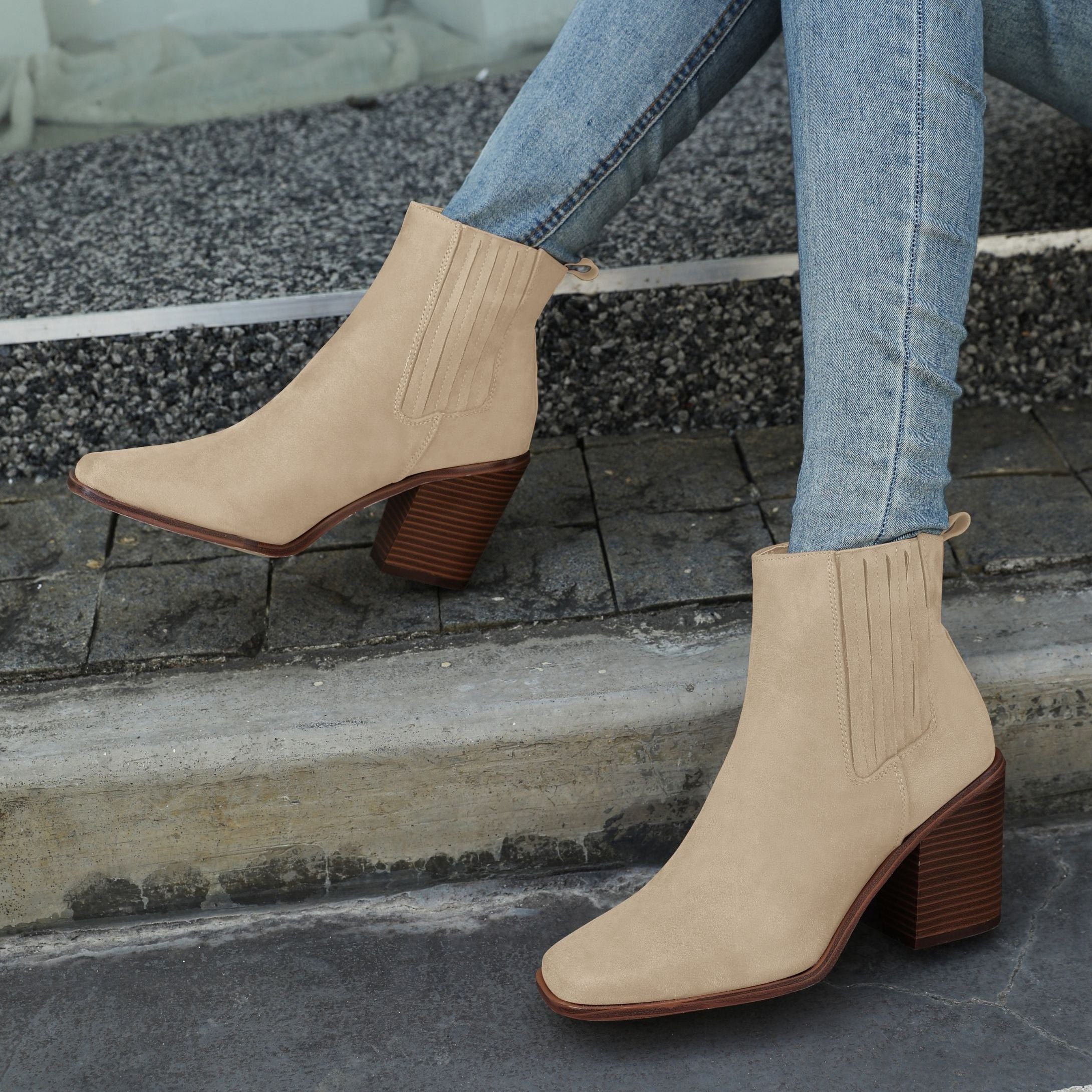 Chunky Heeled Ankle Boots Square Toe Casual Shoes