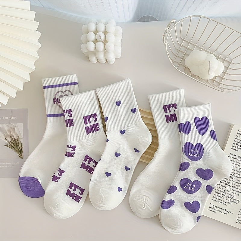 5 Pairs Heart Print Socks Comfy Women's Stockings & Hosiery