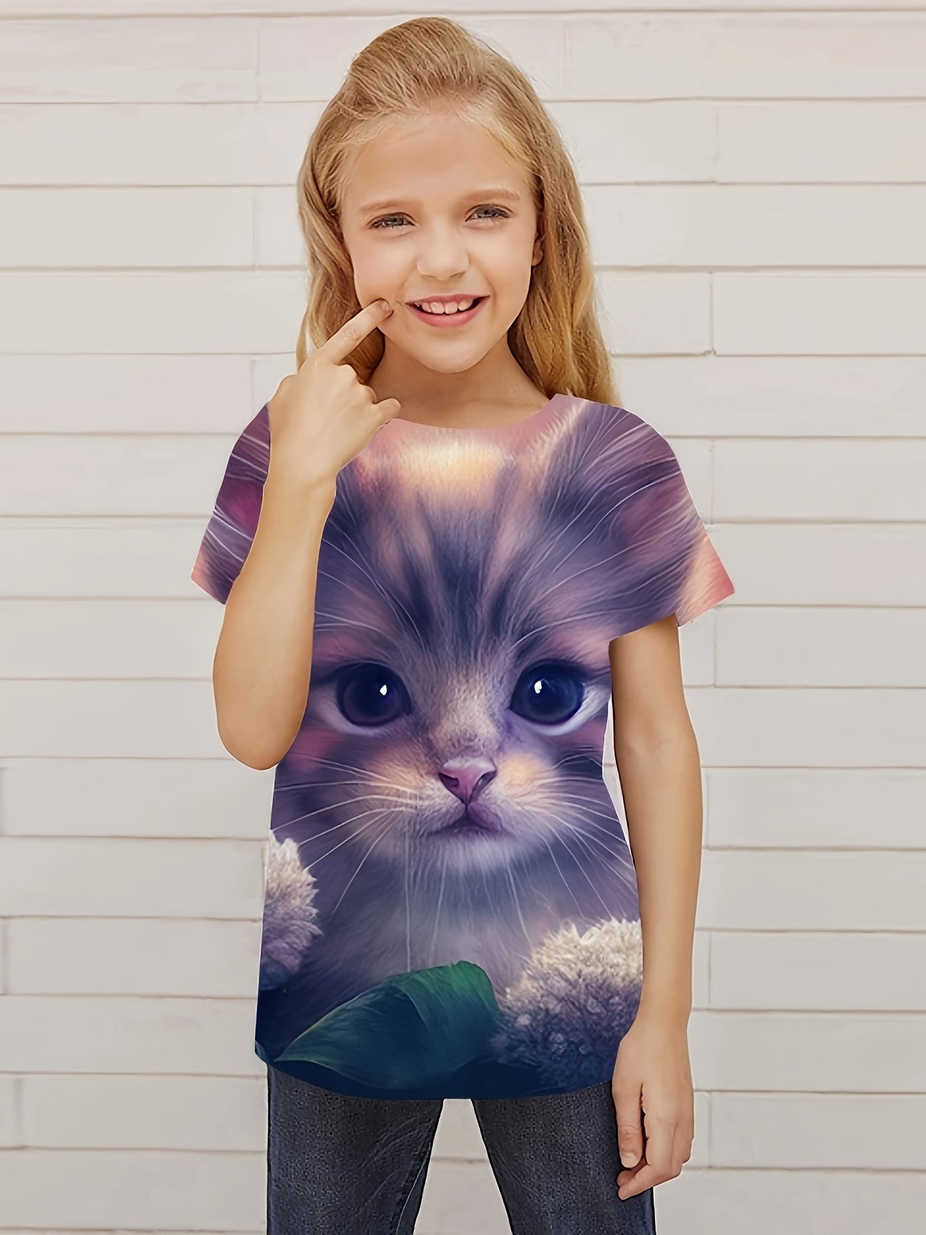 Funny 3D Cat Graphic Short Sleeve T-shirt for Girls