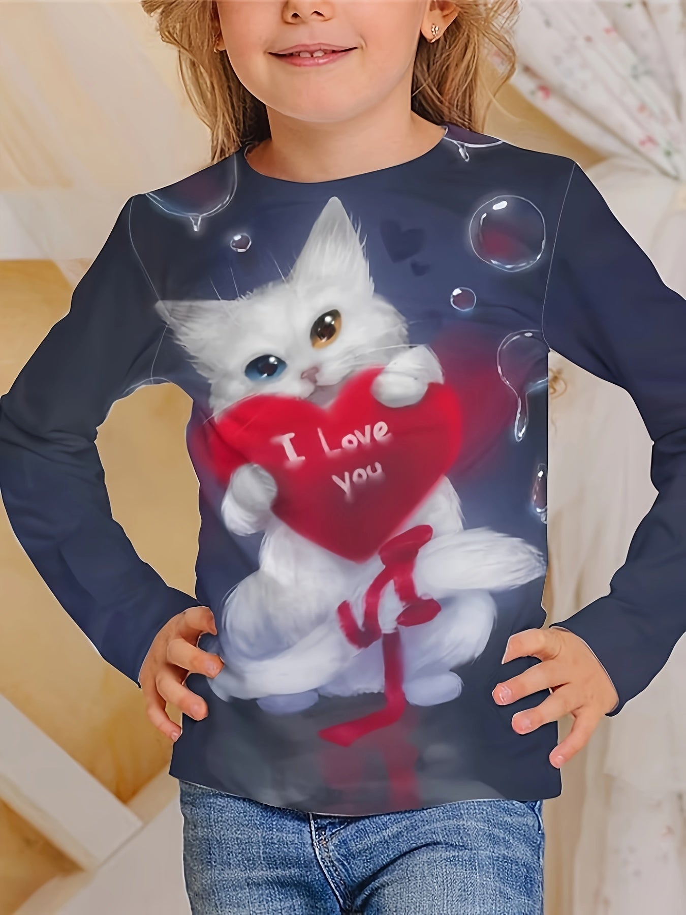 Cat Graphic Long Sleeve T shirt For Girls Spring Fall Gift