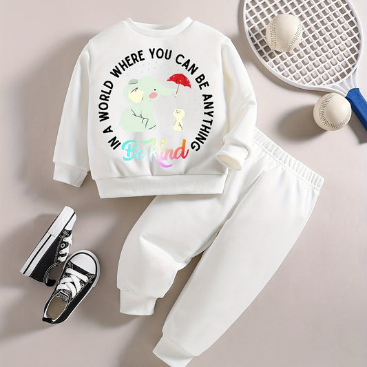 Baby Girl Casual Set Cartoon BE KIND Graphic Sweatshirt Pants Outfit