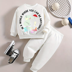 Baby Girl Casual Set Cartoon BE KIND Graphic Sweatshirt Pants Outfit