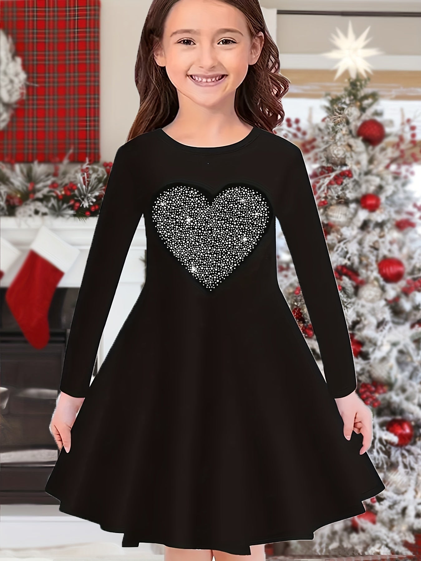 Heart Graphic Long Sleeve Dress Girls Crew Neck Dresses For Party Gift