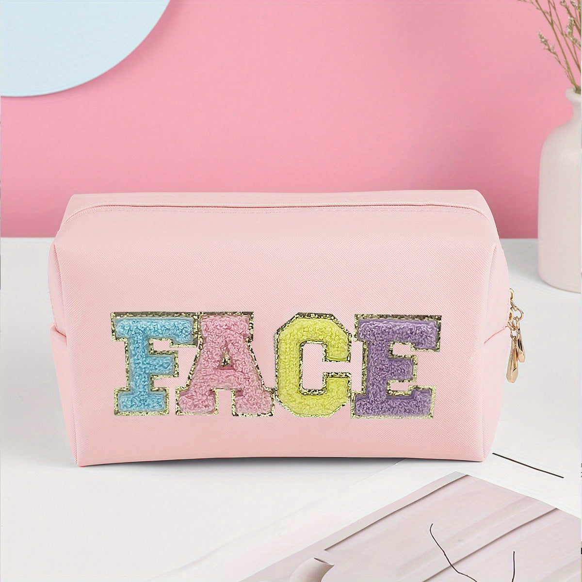 Preppy Patch Cosmetic Bag PU Leather Makeup Zipper Pouch