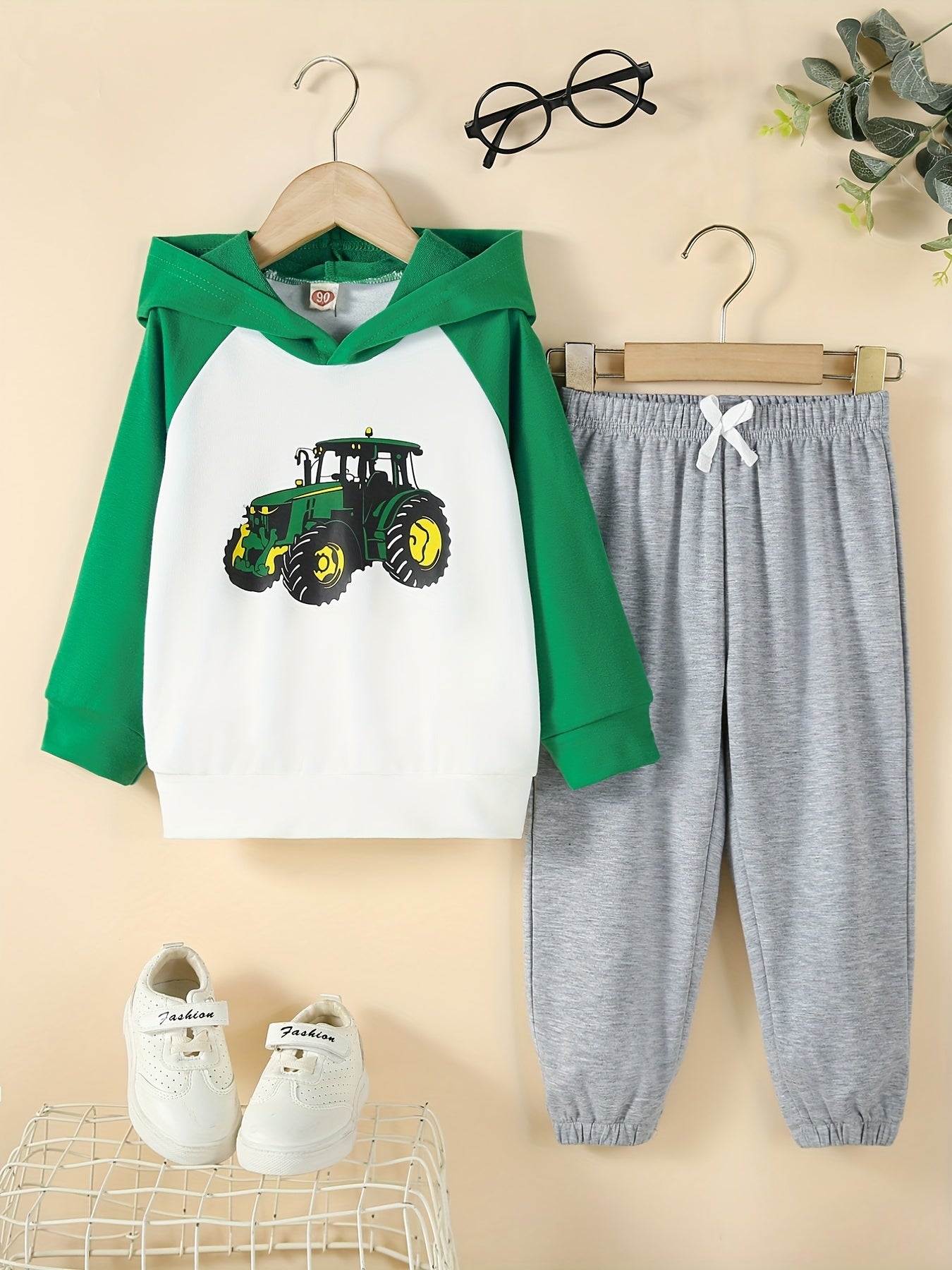Boy's Excavator Pattern Outfit Hoodie & Sweatpants Set