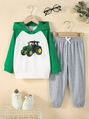 Boy's Excavator Pattern Outfit Hoodie & Sweatpants Set