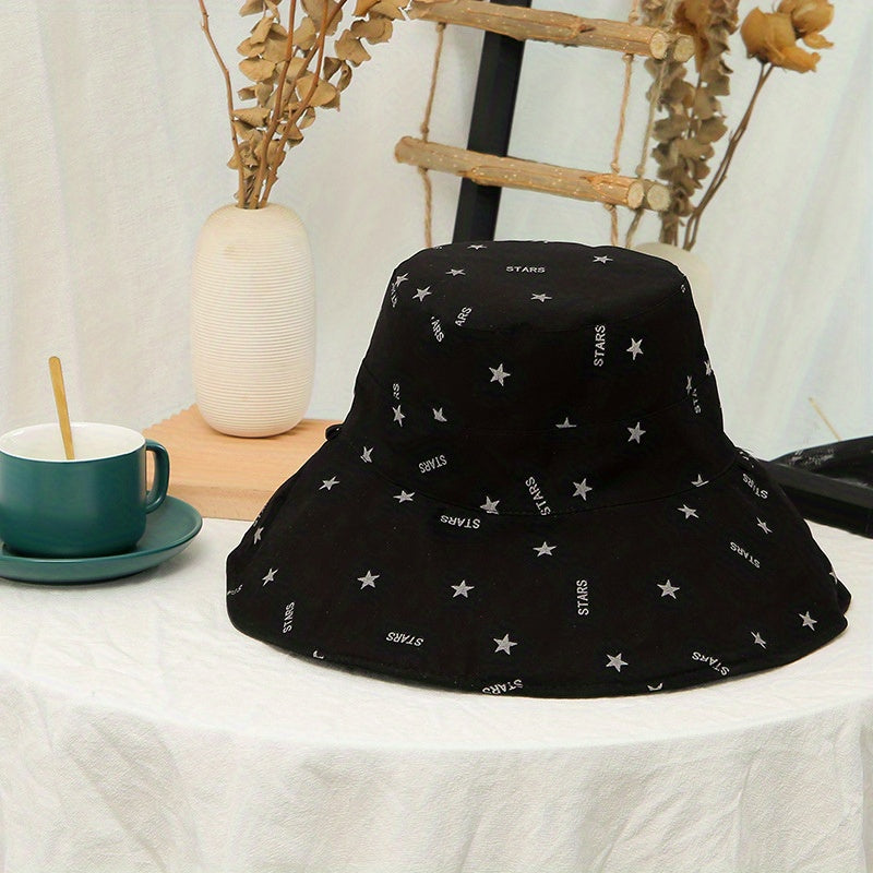 Stars Print Reversible Buckle Hat Wide Brim Solid Causal Sun Hat
