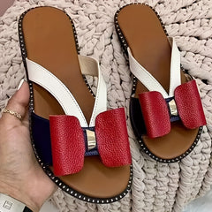 Women's Colorblock Bowknot Flat Slippers Open Toe Non-slip Slides