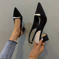 Pearl Chunky Heel Point Toe Pumps Slingback Buckle Strap
