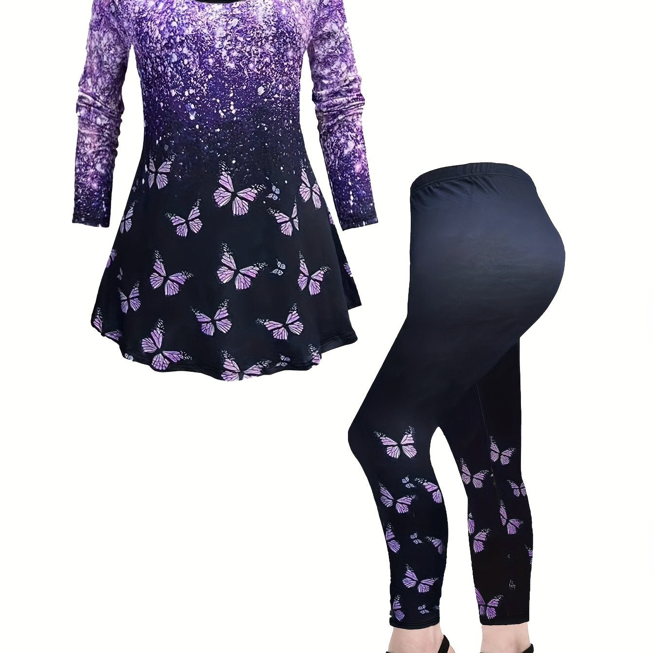 Butterfly Print Peplum Top & Leggings Set