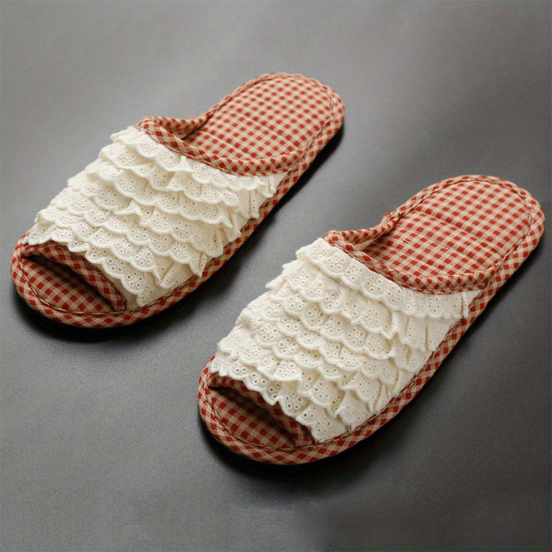 Women's Ruffled Lace Slippers Indoor Open Toe Plaid Comfy Flat Shoes
