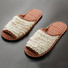 Women's Ruffled Lace Slippers Indoor Open Toe Plaid Comfy Flat Shoes