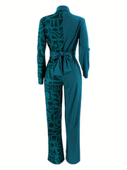 Geometric Print Belted Wide Leg Jumpsuit Spring & Fall