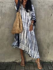 Stripes Print V Neck Beach Cover Up Dress Loose Fit Half Sleeves