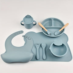 9pcs Kids Tableware Set Silicone Divided Plate Fork Spoon Cartoon Table Mat