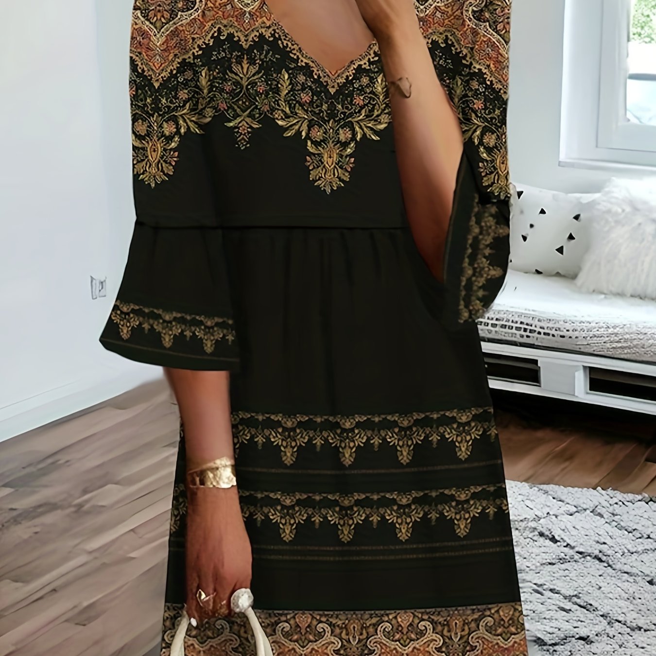 Paisley Print V Neck Stretch Dress