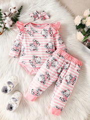 Baby Girls Cartoon Print Bodysuit Pants Headband Set