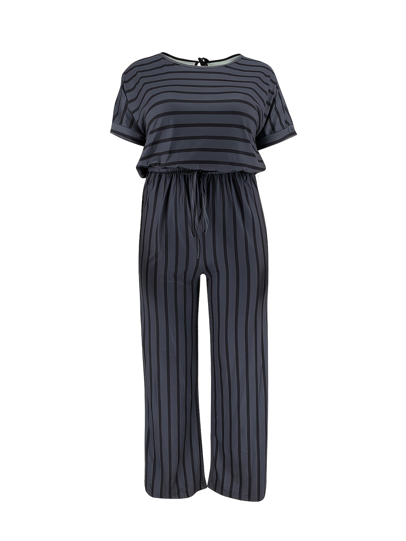 Striped Wide Leg Short Sleeve Jumpsuit Women's Plus Medium Stretch