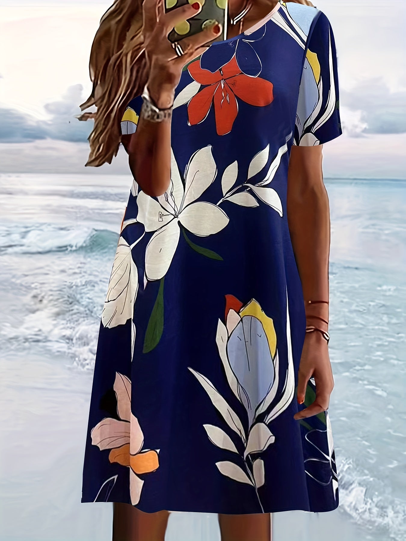 Floral Print Crew Neck Dress Short Sleeve Casual Dress Spring & Summer