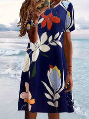 Floral Print Crew Neck Dress Short Sleeve Casual Dress Spring & Summer