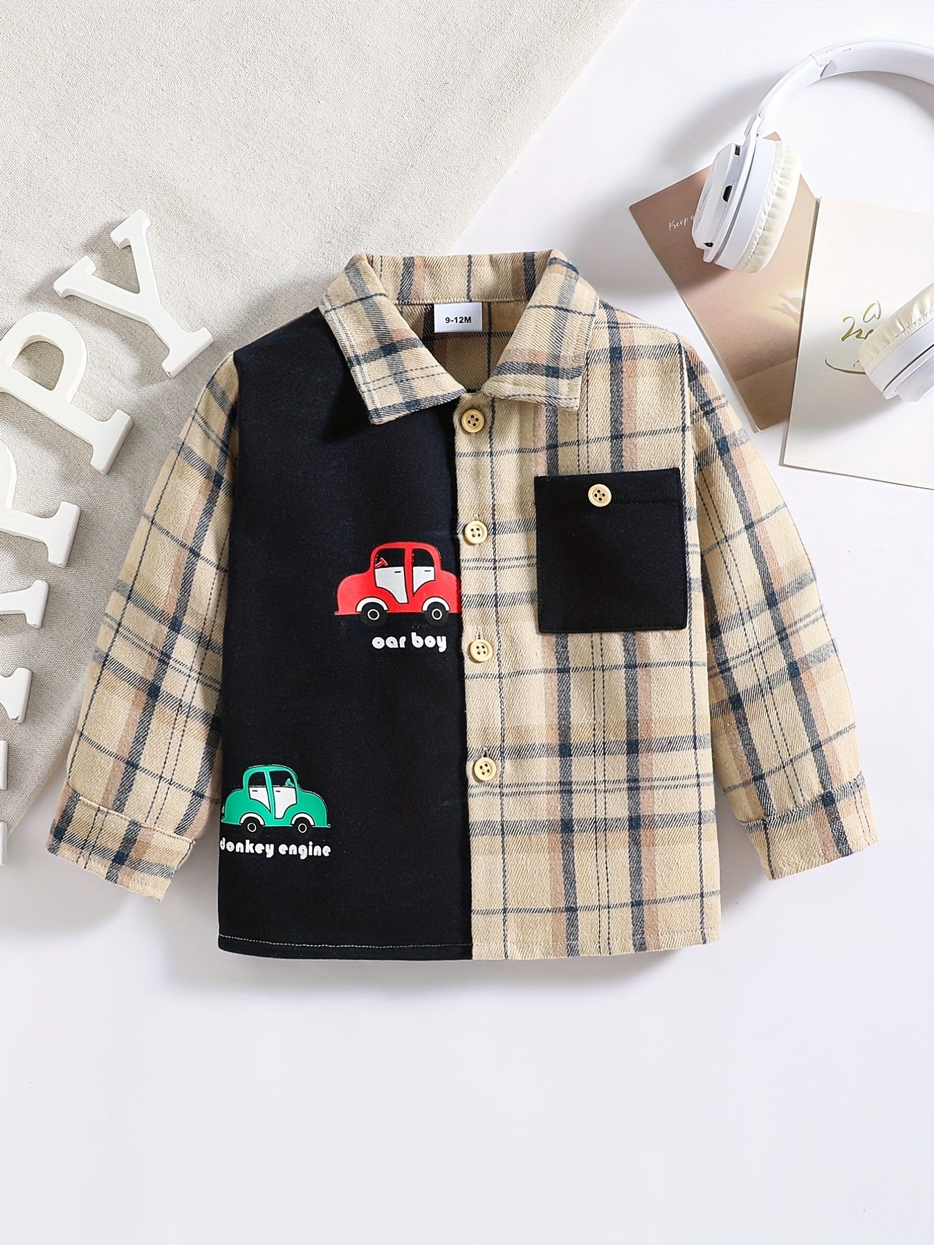 Boy's Car Print Plaid Shirt Casual Button Down Top