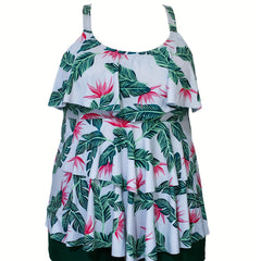 Boho Tankini Set Tropical Print Ruffle Trim Cami Top & Shorts