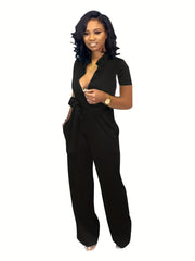 Casual Plunging Jumpsuit - Tie Waist - Long Length