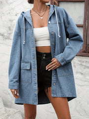 Hooded Long Denim Jacket Single Breasted Button Coat