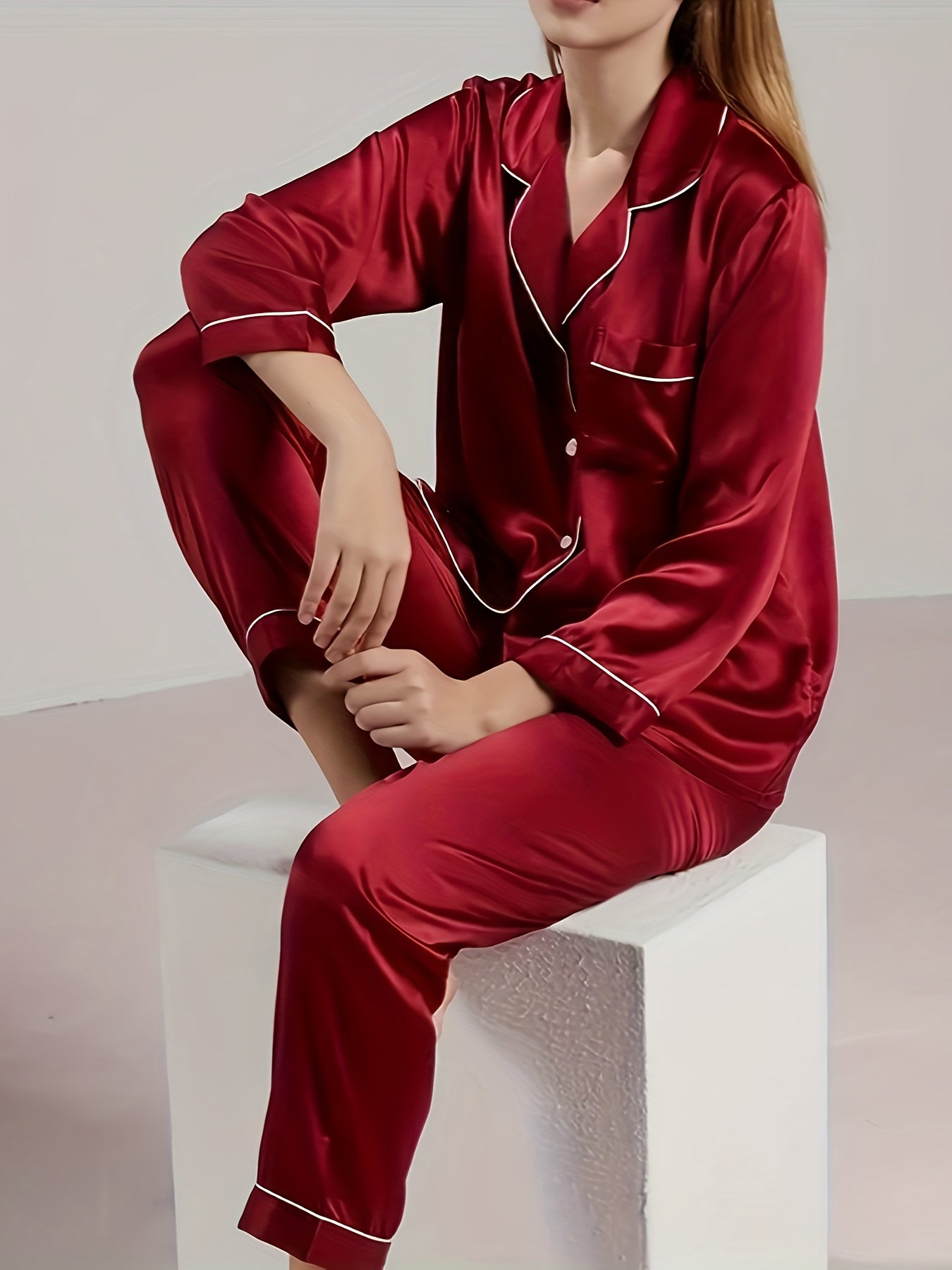 Solid Satin Lounge Set Long Sleeve Top & Pants Women's Loungewear
