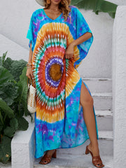 Boho Cover Up Dress Bat Sleeve V Neck Tie Dye Slight Stretch